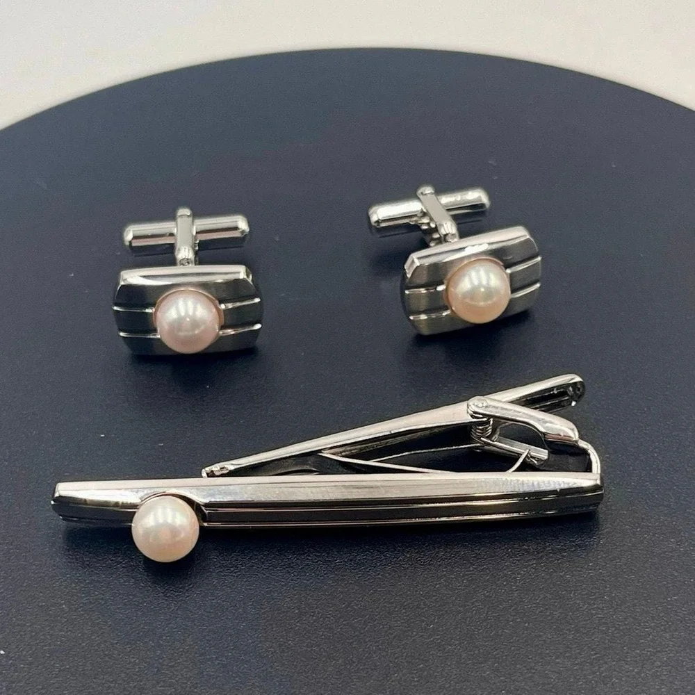 Japanese Vintage Akoya Pearl Tie Clip Cuff Link Set 2013 Japan 10k Gold Plated